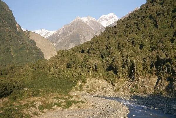 View of river and forest up to peak of Mount Cook