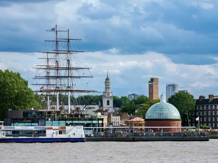 Framed Print : View over River Thames towards Cutty Sark British Clipper Ship and St. Alfege Church in Greenwich, London, England, United Kingdom, Europe Framed Print : View over River Thames towards Cutty Sark British Clipper Ship and St. Alfege Church in Greenwich, London, England, United Kingdom, Europe