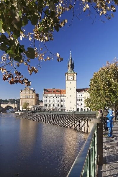 View over the River Vltava to Smetana Museum and Charles Bridge, Prague, Bohemia, Czech Republic, Europe