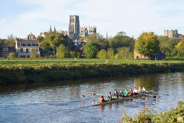 View across the River Wear to Durham Cathedral, female college rowers in training, Durham, County Durham, England, United Kingdom, Europe