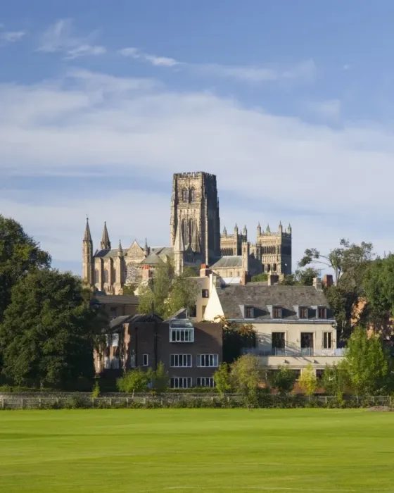 Framed Print : View across riverside playing fields to the cathedral, Durham, County Durham Framed Print : View across riverside playing fields to the cathedral, Durham, County Durham