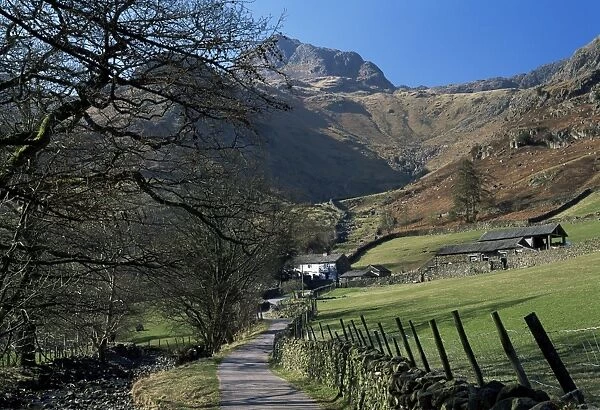 View along road to farm, with Harrison Stickle towering above, Great Langdale