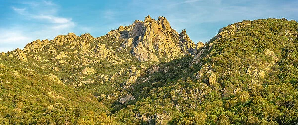 View of rock formations during golden hour near San Pantaleo, San Pantaleo, Sardinia, Italy, Mediterranean, Europe