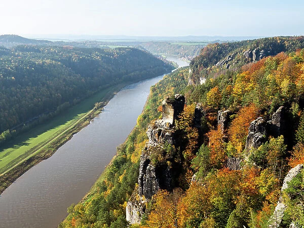 A view of the rocky outcrop overlooking the Elbe River in Saxon Switzerland National Park, Saxony, Germany, Europe