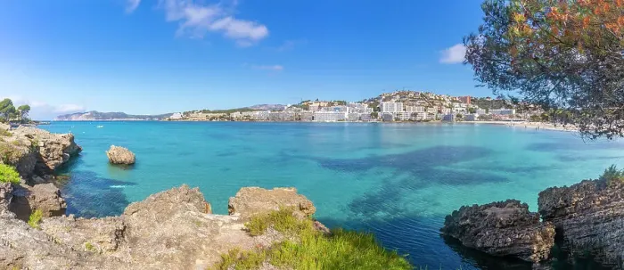 Framed Print : View of rocky shoreline by turquoise sea and Santa Ponsa, Majorca, Balearic Islands, Spain, Mediterranean, Europe Framed Print : View of rocky shoreline by turquoise sea and Santa Ponsa, Majorca, Balearic Islands, Spain, Mediterranean, Europe