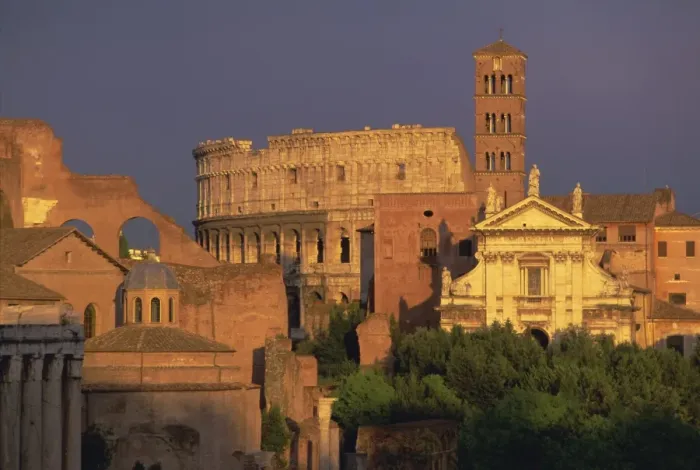 Framed Print : View across the Roman Forum towards Colosseum and St Framed Print : View across the Roman Forum towards Colosseum and St