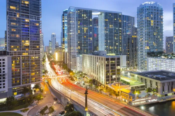 Framed Print : View from Rooftop bar overlooking traffic on Birckell Avenue at dusk, Miami, Florida