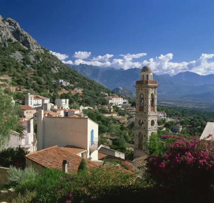 Framed Print : View across rooftops and church tower of Lumio, near Calvi, Balagne region Framed Print : View across rooftops and church tower of Lumio, near Calvi, Balagne region