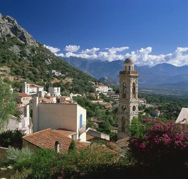 View across rooftops and church tower of Lumio, near Calvi, Balagne region