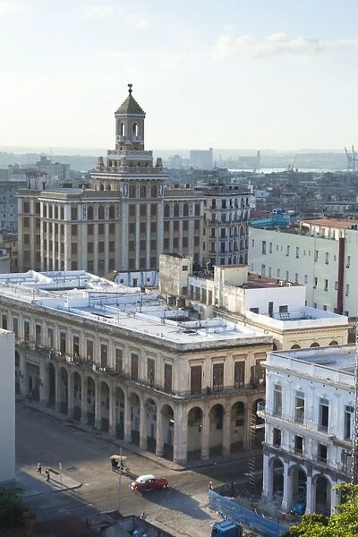 View over rooftops of Havana towards The Bacardi Building from the 9th floor restaurant of Hotel Seville, Havana Centro, Cuba