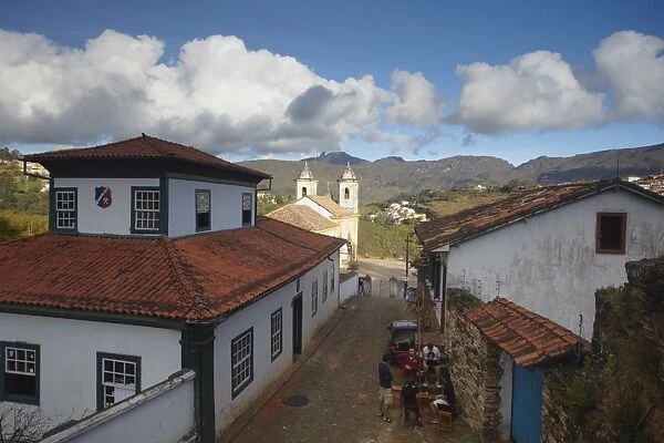View of rooftops and Our Lady of Merces de Baixo Church, Ouro Preto, UNESCO World Heritage Site, Minas Gerais, Brazil, South America