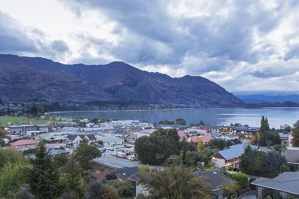 View over rooftops to Lake Wanaka at dusk, Wanaka, Queenstown-Lakes district, Otago