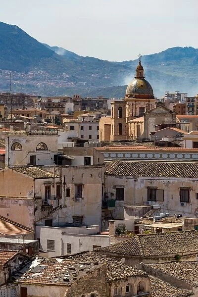 View of the rooftops of Palermo with the hills beyond, Sicily, Italy, Europe