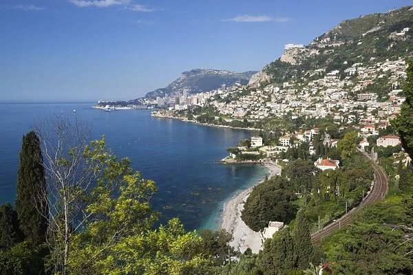View along Roquebrune Bay to Monte Carlo, Roquebrune-Cap-Martin, Provence-Alpes-Cote d Azur, French Riviera, Provence, France, Mediterranean, Europe