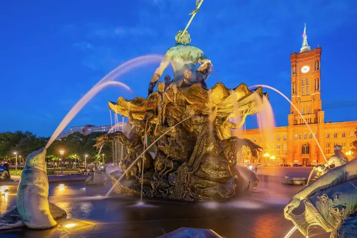 Framed Print : View of Rotes Rathaus (Town Hall) and Neptunbrunnen fountain at dusk, Panoramastrasse, Berlin, Germany, Europe Framed Print : View of Rotes Rathaus (Town Hall) and Neptunbrunnen fountain at dusk, Panoramastrasse, Berlin, Germany, Europe