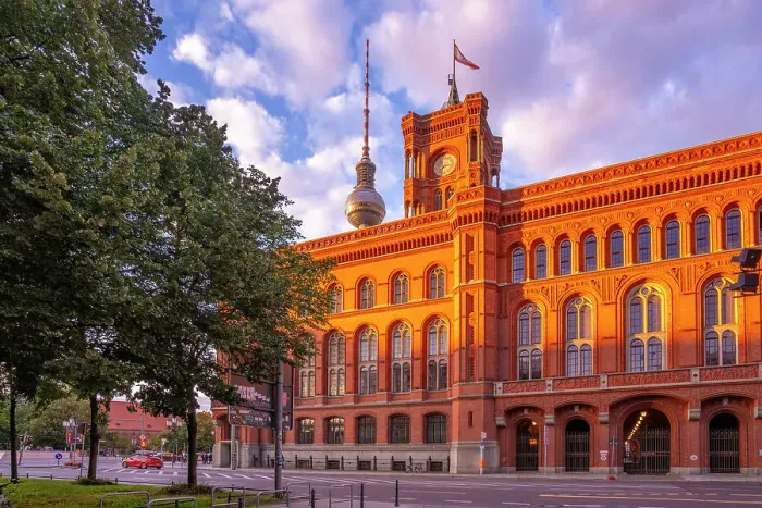 Framed Print : View of Rotes Rathaus (Town Hall) at sunset, Nikolai District, Berlin, Germany, Europe