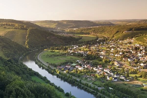 View over the Saar Valley with Saar River near Serrig, Rhineland-Palatinate, Germany