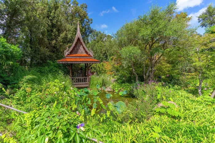 Framed Print : View of Sala Thai in tropical flora in Giardini la Mortella Botanical Gardens, Forio, Island of Ischia, Campania, Italy, Europe Framed Print : View of Sala Thai in tropical flora in Giardini la Mortella Botanical Gardens, Forio, Island of Ischia, Campania, Italy, Europe