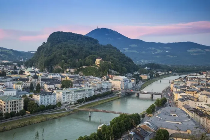 Framed Print : View of Salzach River with The Old City to the right and the New City to the left Framed Print : View of Salzach River with The Old City to the right and the New City to the left