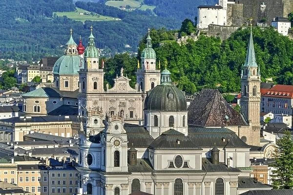 View towards Salzburg Cathedral, Collegiate Church and Fortress Hohensalzburg, Salzburg