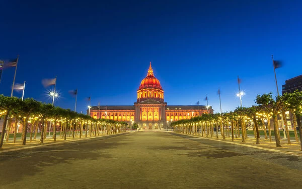 View of San Francisco City Hall illuminated at night, San Francisco, California