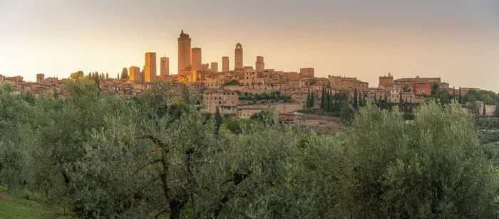 Framed Print : View of San Gimignano skyline at sunset, San Gimignano, Province of Siena, Tuscany, Italy, Europe