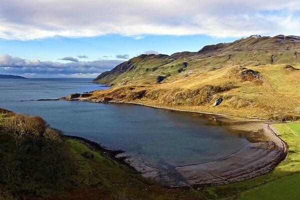 View of the sandy bay Camas nan Geall Sgeir Fhada along the coast and shoreline of Loch Sunart