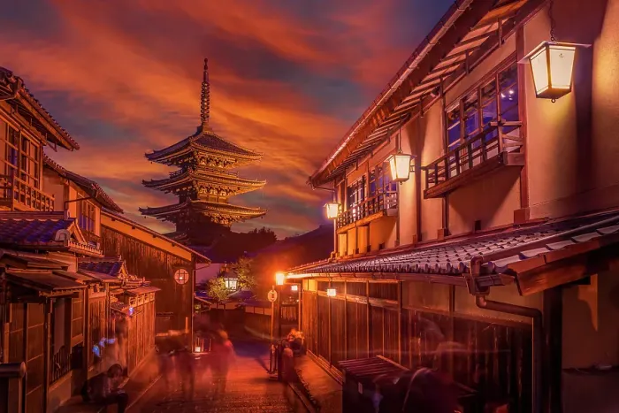 Framed Print : View of Sannen Zaka and Yasaka Pagoda in Gion at dusk, Kyoto Geisha District, Kyoto, Honshu, Japan Framed Print : View of Sannen Zaka and Yasaka Pagoda in Gion at dusk, Kyoto Geisha District, Kyoto, Honshu, Japan