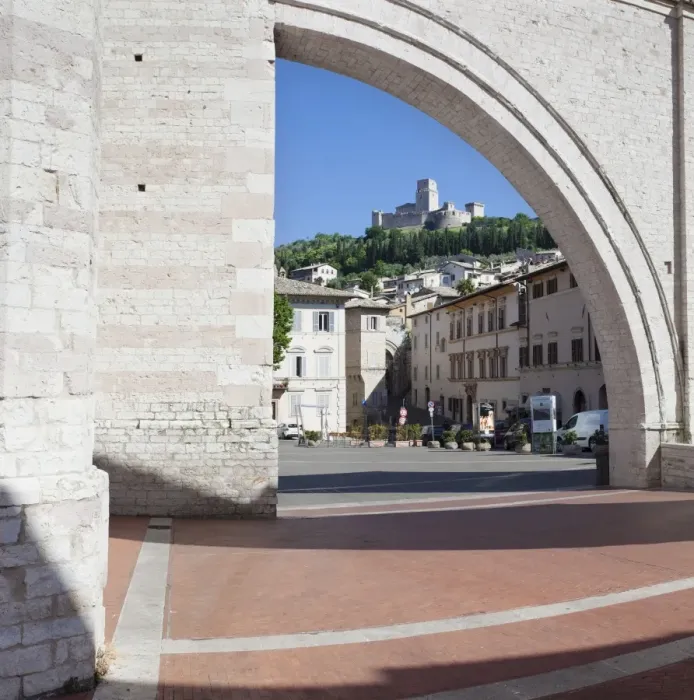 Framed Print : View from Santa Chiara Basilica to Rocca Maggiore Fortress, Assisi, Perugia District