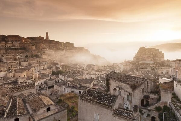 View over Sasso Caveoso to Monte Errone and cathedral at sunrise, UNESCO World Heritage Site