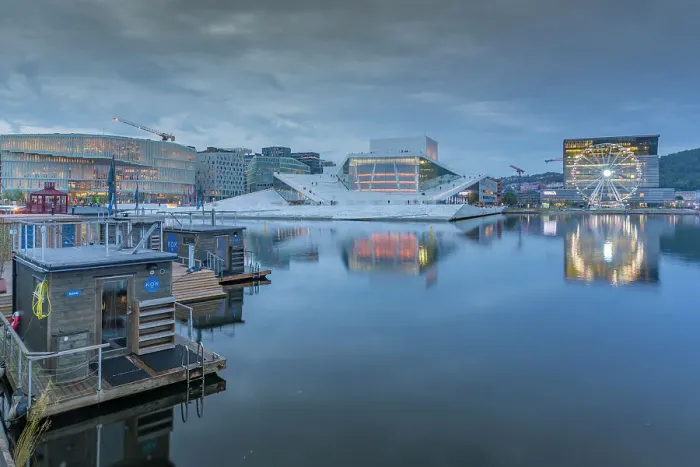 Framed Print : View of saunas, Oslo Opera House and Munch Museum reflecting in harbour on cloudy evening, Oslo, Norway, Scandinavia, Europe Framed Print : View of saunas, Oslo Opera House and Munch Museum reflecting in harbour on cloudy evening, Oslo, Norway, Scandinavia, Europe