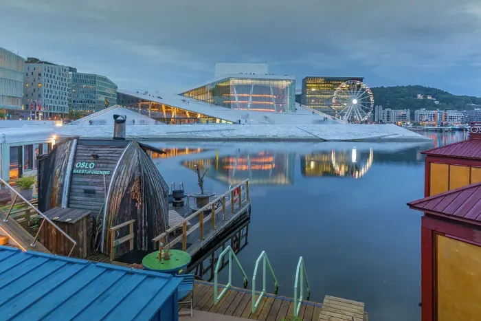 Framed Print : View of saunas, Oslo Opera House and Munch Museum reflecting in harbour on cloudy evening, Oslo, Norway, Scandinavia, Europe Framed Print : View of saunas, Oslo Opera House and Munch Museum reflecting in harbour on cloudy evening, Oslo, Norway, Scandinavia, Europe