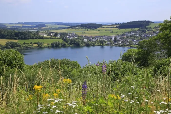 Framed Print : View across Schalkenmehren Maar towards Schalkenmehren, Eifel, Rhineland-Palatinate Framed Print : View across Schalkenmehren Maar towards Schalkenmehren, Eifel, Rhineland-Palatinate