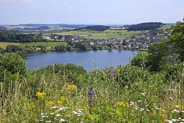 View across Schalkenmehren Maar towards Schalkenmehren, Eifel, Rhineland-Palatinate