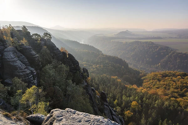 View from Schrammsteine Rocks to Elbtal Valley, Elbsandstein Mountains, Saxony Switzerland