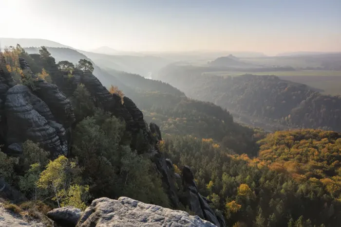 Framed Print : View from Schrammsteine Rocks to Elbtal Valley, Elbsandstein Mountains, Saxony Switzerland Framed Print : View from Schrammsteine Rocks to Elbtal Valley, Elbsandstein Mountains, Saxony Switzerland