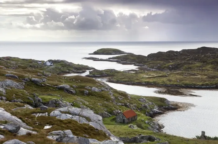 Framed Print : View out to sea over abandoned crofts at the township of Manish on the east coast of the Isle of Harris, Outer Hebrides, Scotland, United Kingdom, Europe