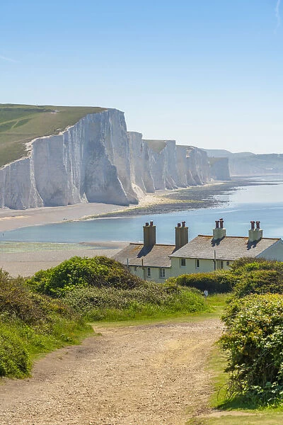 View of Seven Sisters Chalk Cliffs and Coastguard Cottages at Cuckmere Haven