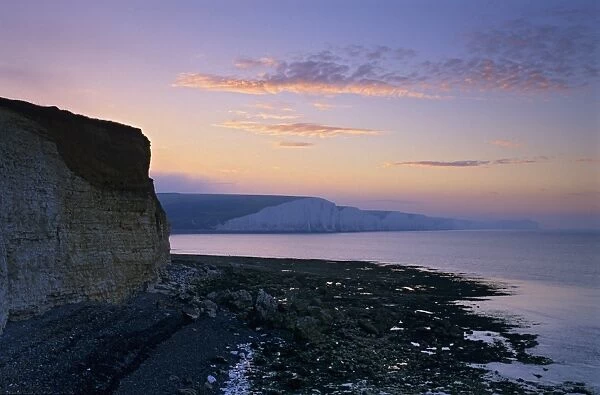 View of Seven Sisters cliffs at sunrise, Seaford, East Sussex, England, United Kingdom, Europe