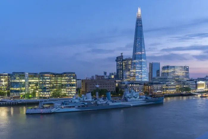 Framed Print : View of the Shard, HMS Belfast and River Thames from Cheval Three Quays at dusk, London Framed Print : View of the Shard, HMS Belfast and River Thames from Cheval Three Quays at dusk, London