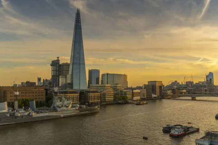Framed Print : View of The Shard, HMS Belfast and River Thames from Cheval Three Quays at sunset, London Framed Print : View of The Shard, HMS Belfast and River Thames from Cheval Three Quays at sunset, London