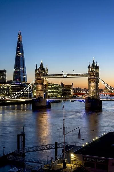 View of the Shard and Tower Bridge above the River Thames at dusk, London, England, United Kingdom, Europe