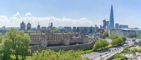 View of The Shard and Tower of London from rooftop bar, London, England, United Kingdom