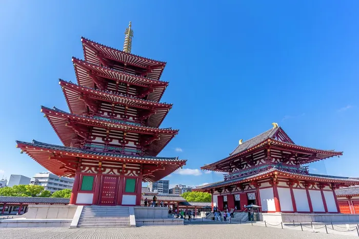 Framed Print : View of Shitenno-ji Gojunoto (Five Story Pagoda) and Shitenno-ji Kondo (Golden Hall) on sunny day, Shitennoji, Tennoji Ward, Osaka, Honshu, Japan Framed Print : View of Shitenno-ji Gojunoto (Five Story Pagoda) and Shitenno-ji Kondo (Golden Hall) on sunny day, Shitennoji, Tennoji Ward, Osaka, Honshu, Japan