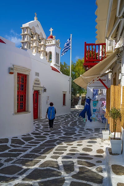 View of shops in narrow street in Mykonos Town, Mykonos, Cyclades Islands, Greek Islands