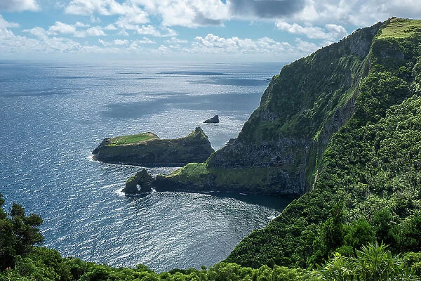 View of the shore from Miradouro do Ilheu Furado with a natural arch in the sea, Flores island, Azores islands, Portugal, Atlantic Ocean, Europe