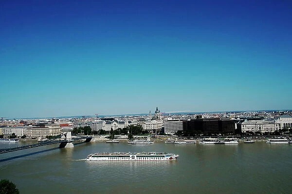 View of sightseeing boat on the River Danube and Budapest, Hungary, Europe