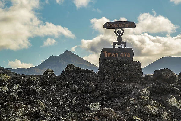 View of sign at entrance to Timanfaya National Park, Lanzarote, Las Palmas, Canary Islands, Spain, Atlantic, Europe