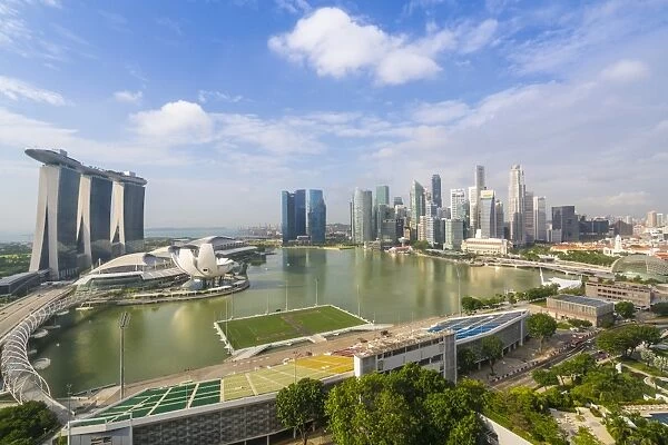 View over Singapore skyline around Marina Bay with Marina Bay Sands, ArtScience Museum