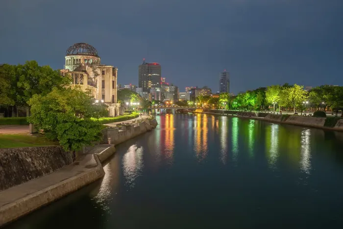 Framed Print : View of the skeletal ruins of the A-Bomb Dome from Hiroshima Peace Gardens at dusk, UNESCO, Hiroshima, Honshu, Japan Framed Print : View of the skeletal ruins of the A-Bomb Dome from Hiroshima Peace Gardens at dusk, UNESCO, Hiroshima, Honshu, Japan